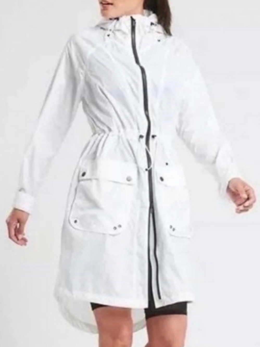 Athleta Recycled City Slicker White Black Full Zip Long Jacket Size XS Rain Hike